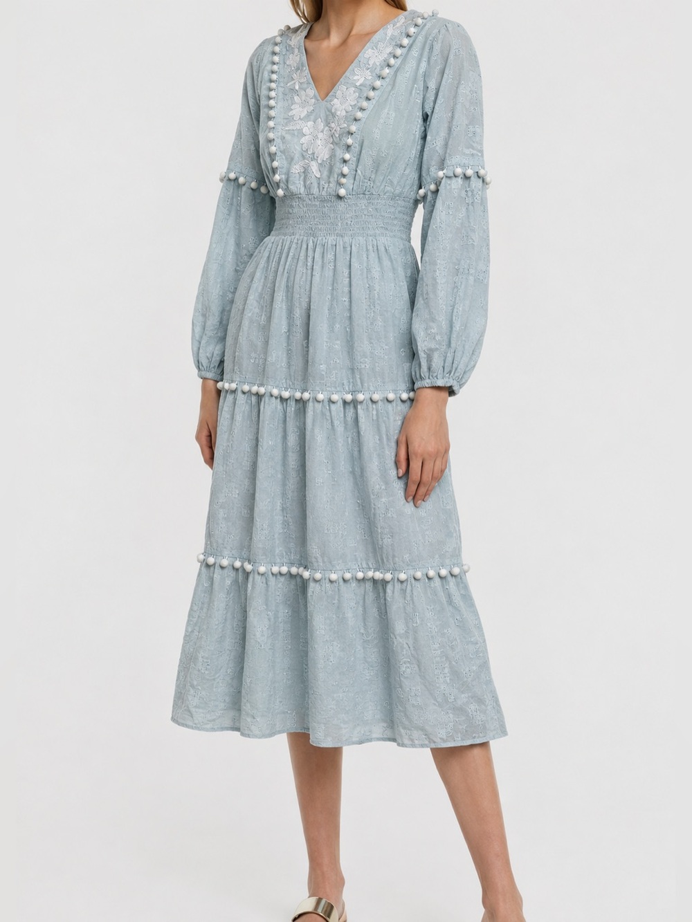 Sail to Sable Embroidered Floral Pom Pom Midi Dress Cottage Boho Fairy Blue XXS